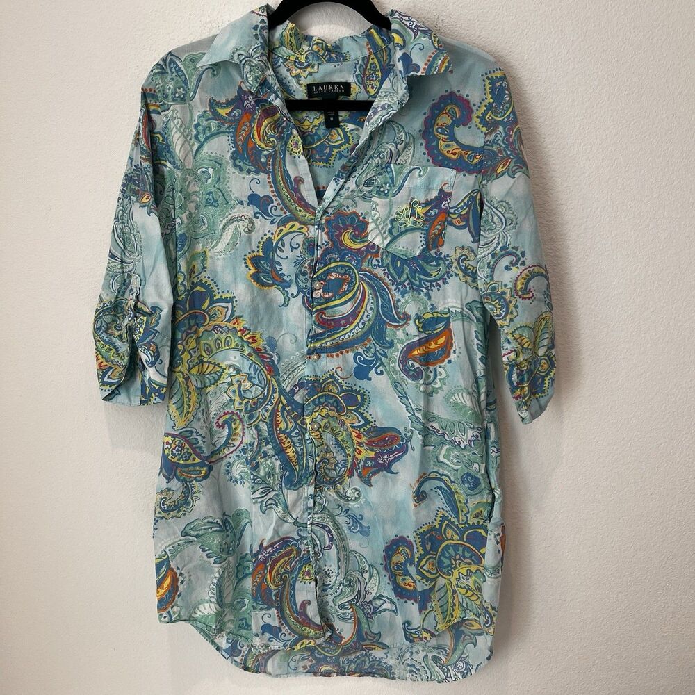 Lauren Ralph Lauren Womens Medium Blue Tunic Dress Paisley Pockets Roll Logo